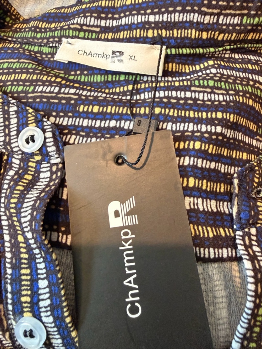ChArmkp Printed Button-Up Shirt - Blue, Green, Yellow Pattern